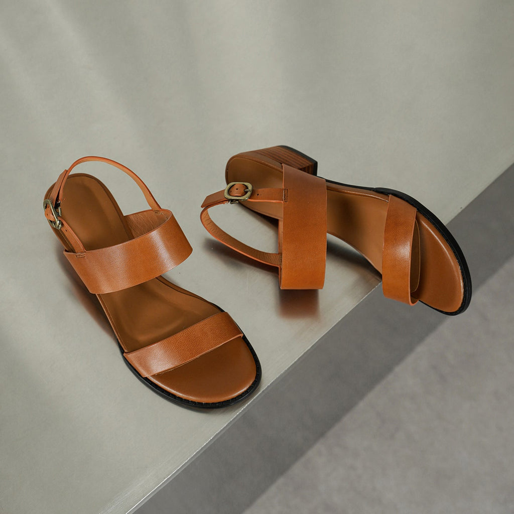 Sandales Artisanales pour Femmes en Cuir Pleine Fleur avec Double Bride et Talon Bloc - IVOIRART.COM