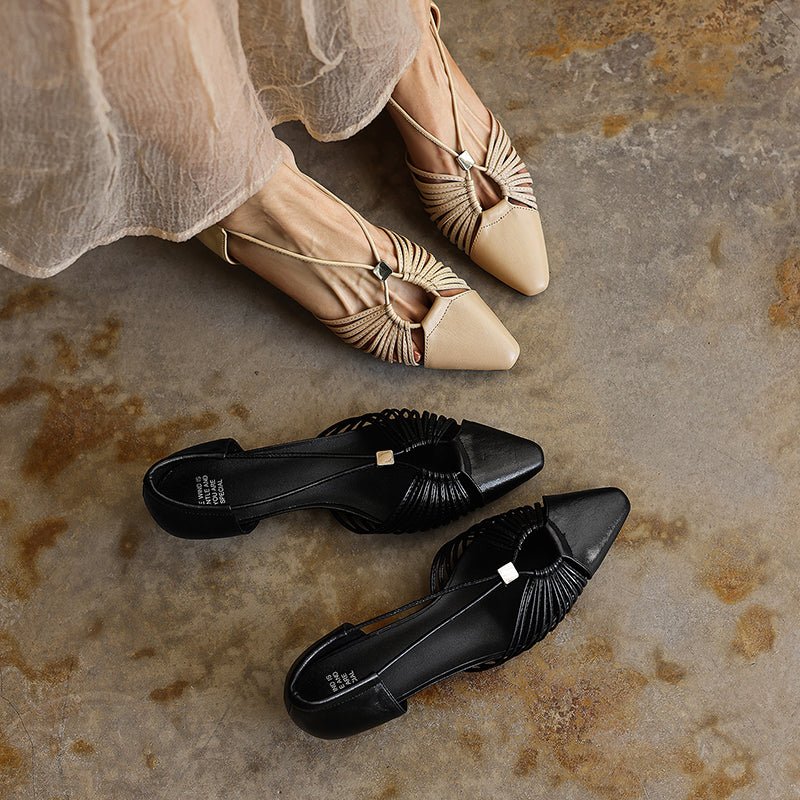 Sandales artisanales pour femmes en cuir pleine fleur, talon bas à brides, bout pointu à découpes Mary Jane - IVOIRART.COM