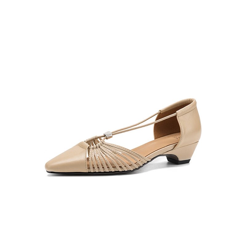 Sandales artisanales pour femmes en cuir pleine fleur, talon bas à brides, bout pointu à découpes Mary Jane - IVOIRART.COM