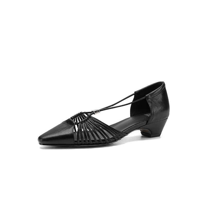 Sandales artisanales pour femmes en cuir pleine fleur, talon bas à brides, bout pointu à découpes Mary Jane - IVOIRART.COM