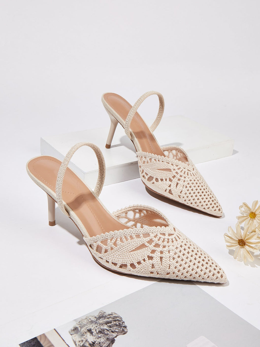 Sandales femme talon haut style français tricotées bout pointu bride arrière été - IVOIRART.COM