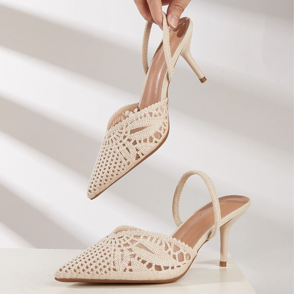 Sandales femme talon haut style français tricotées bout pointu bride arrière été - IVOIRART.COM
