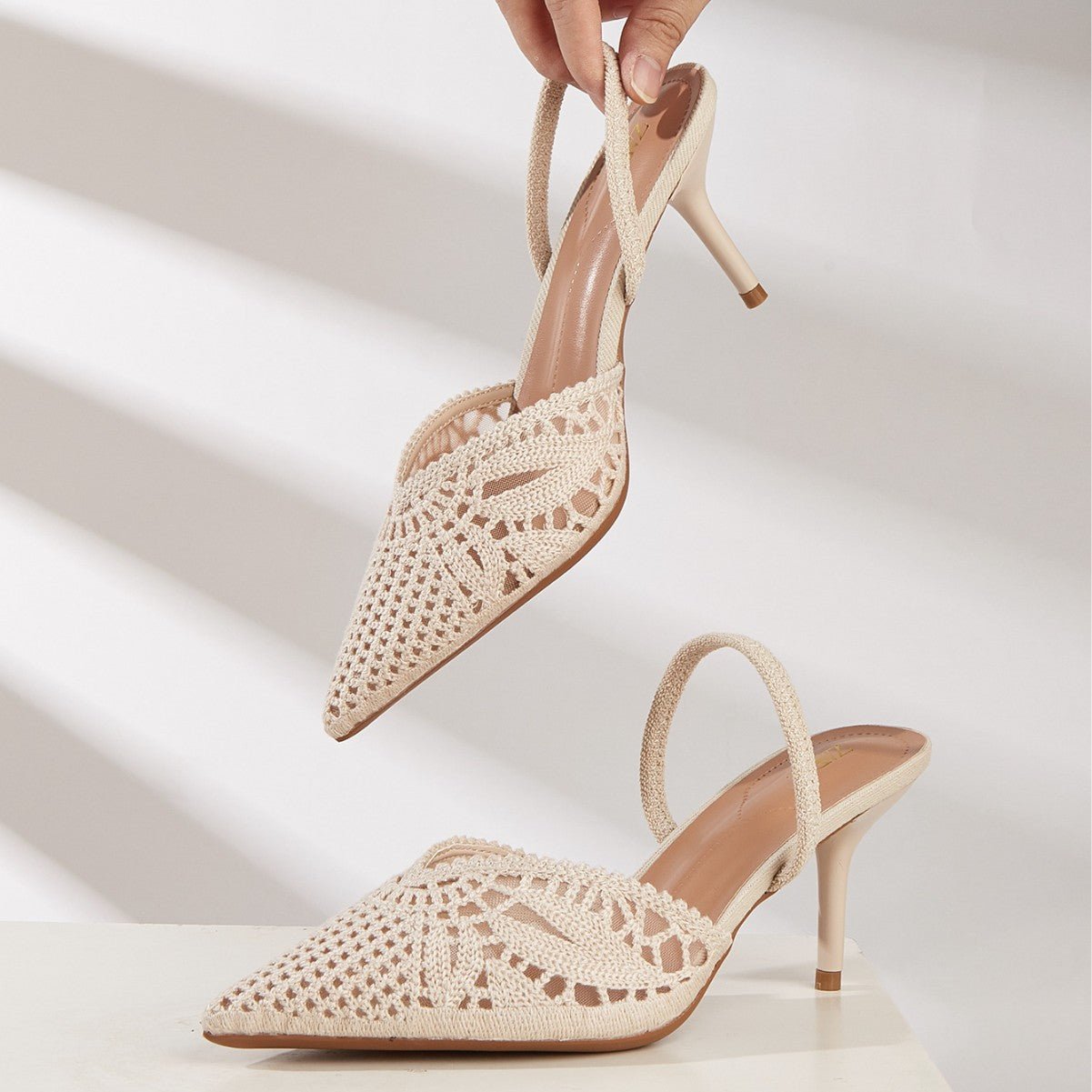 Sandales femme talon haut style français tricotées bout pointu bride arrière été - IVOIRART.COM