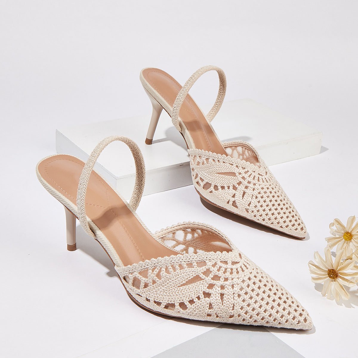Sandales femme talon haut style français tricotées bout pointu bride arrière été - IVOIRART.COM