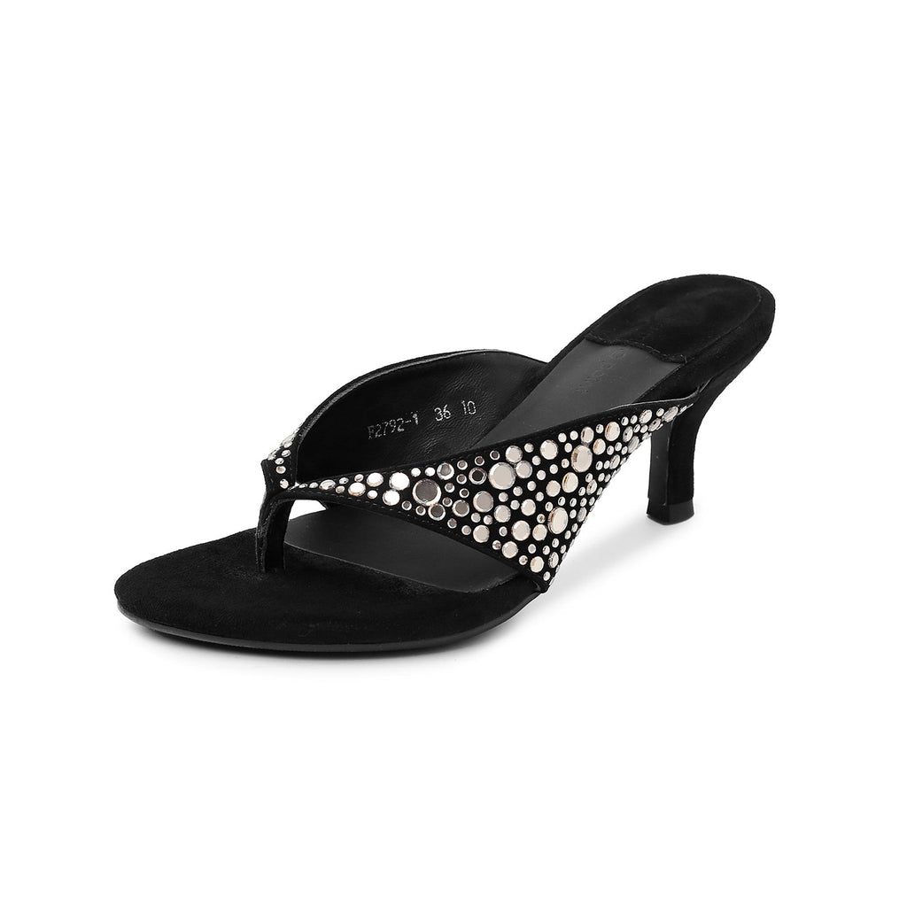 Sandales femmes à talons aiguilles bas en daim avec strass, mules ouvertes doublées en cuir de porc et semelle intérieure en peau de mouton - IVOIRART.COM