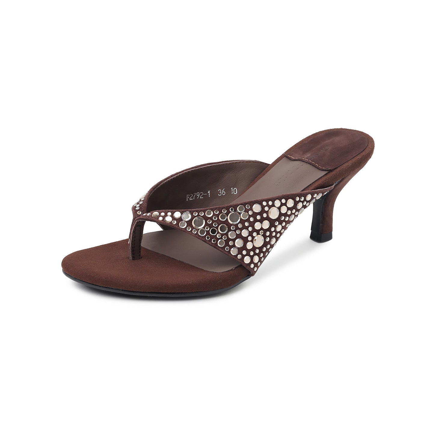 Sandales femmes à talons aiguilles bas en daim avec strass, mules ouvertes doublées en cuir de porc et semelle intérieure en peau de mouton - IVOIRART.COM