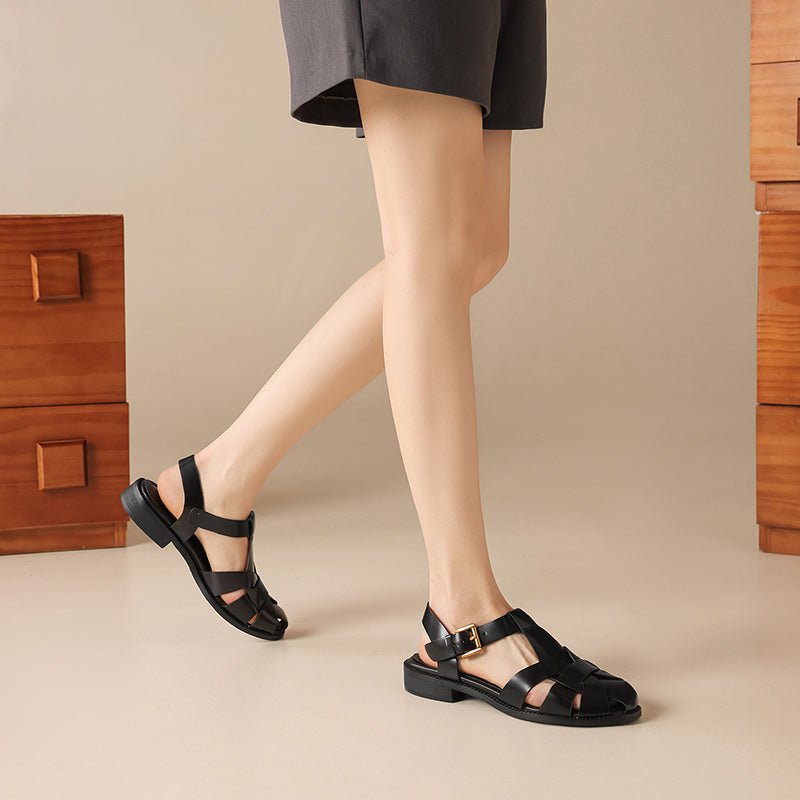 Sandales Fermées Vintage en Cuir Pleine Fleur de Style Français, Brides Croisées et Boucle Réglable Femme - IVOIRART.COM