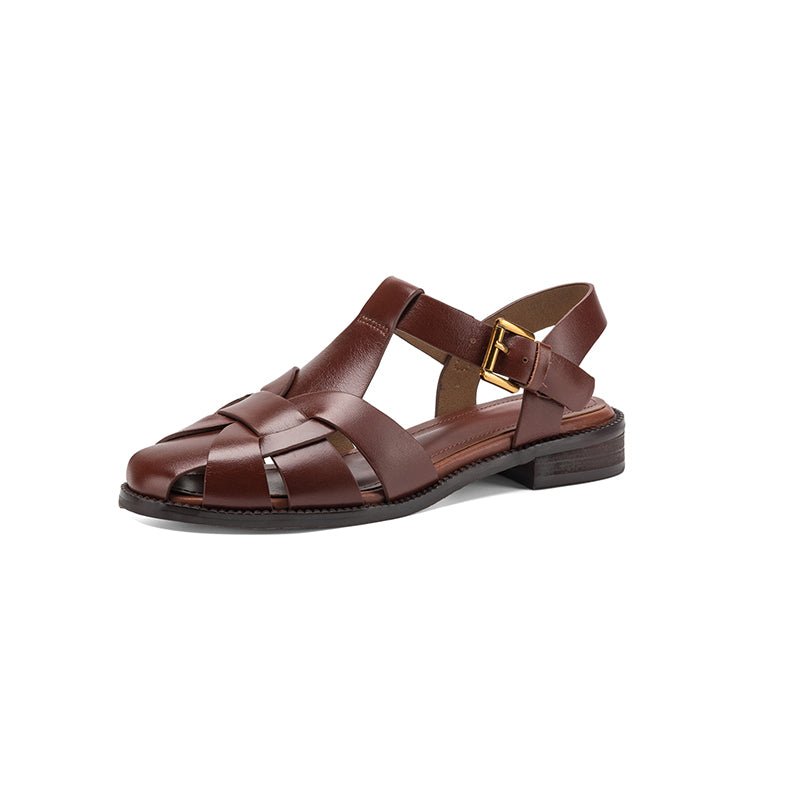 Sandales Fermées Vintage en Cuir Pleine Fleur de Style Français, Brides Croisées et Boucle Réglable Femme - IVOIRART.COM