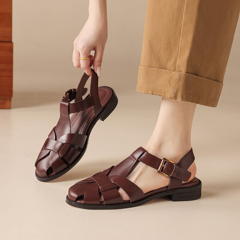 Sandales Fermées Vintage en Cuir Pleine Fleur de Style Français, Brides Croisées et Boucle Réglable Femme - IVOIRART.COM