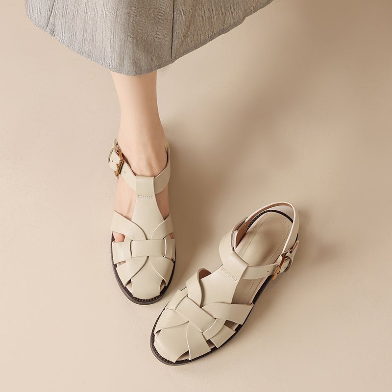 Sandales Fermées Vintage en Cuir Pleine Fleur de Style Français, Brides Croisées et Boucle Réglable Femme - IVOIRART.COM