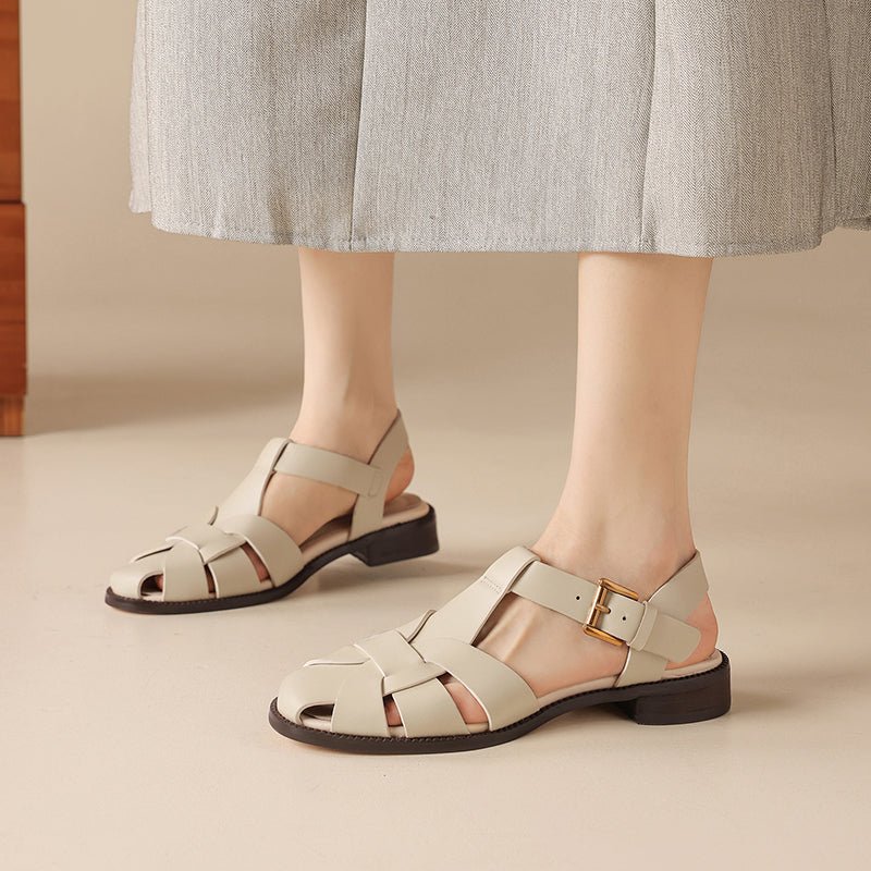 Sandales Fermées Vintage en Cuir Pleine Fleur de Style Français, Brides Croisées et Boucle Réglable Femme - IVOIRART.COM