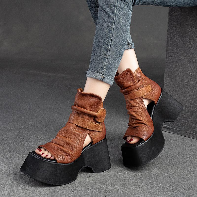 Sandales hautes à plateforme style bouche de poisson pour femmes romaines - IVOIRART.COM
