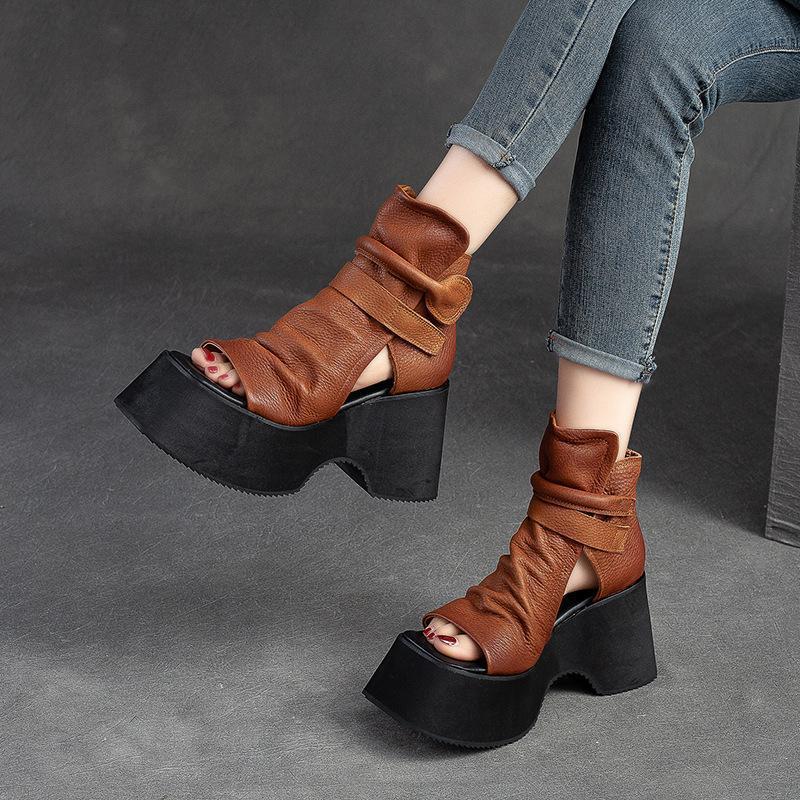 Sandales hautes à plateforme style bouche de poisson pour femmes romaines - IVOIRART.COM