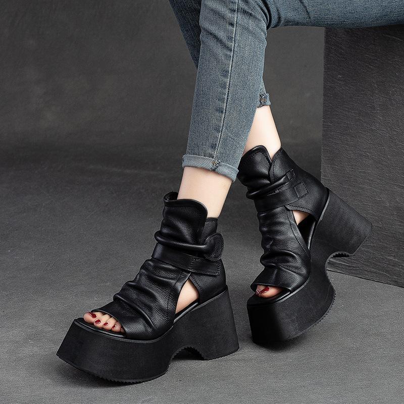 Sandales hautes à plateforme style bouche de poisson pour femmes romaines - IVOIRART.COM