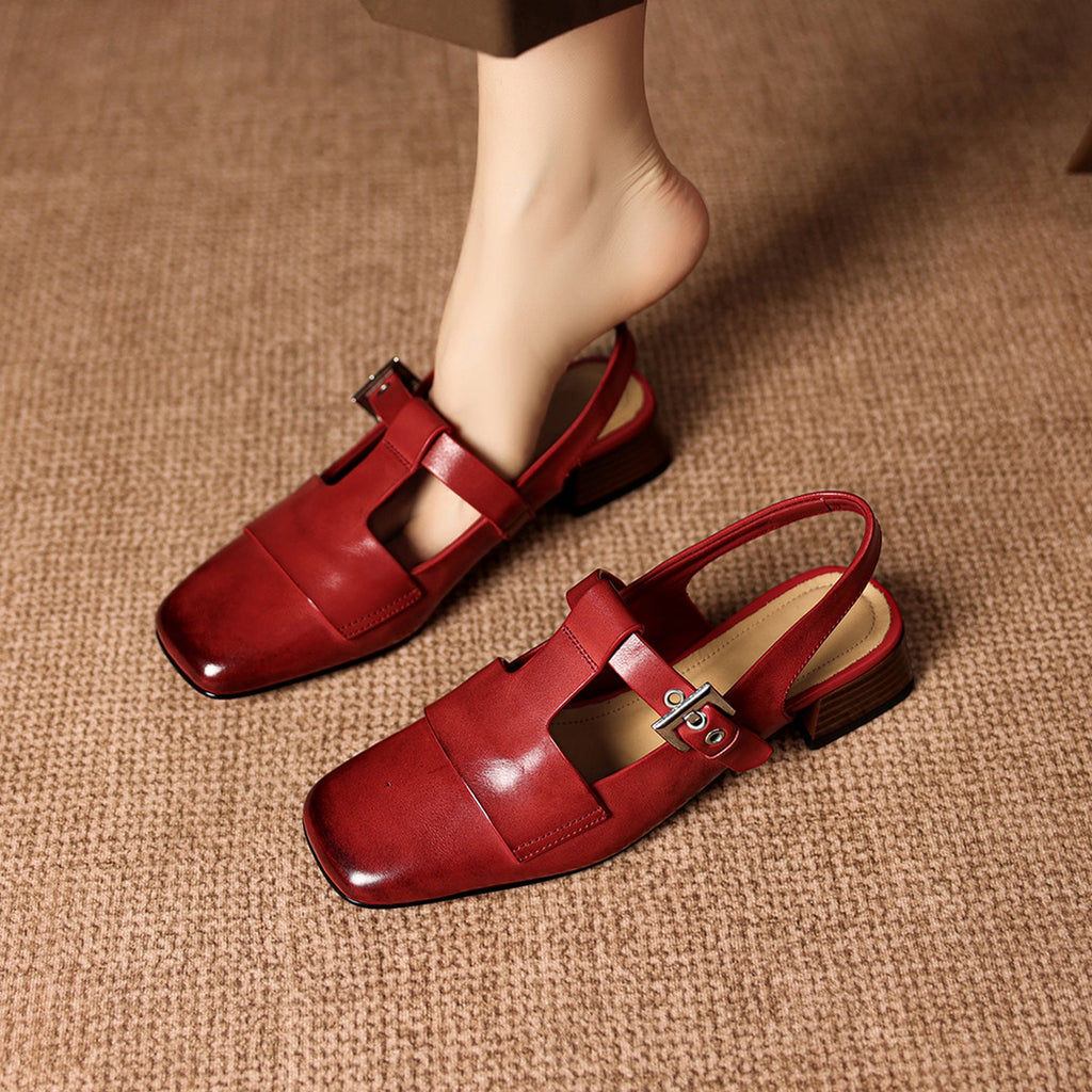 Sandales Mary Jane artisanales pour femmes en cuir pleine fleur, talon bloc carré - IVOIRART.COM