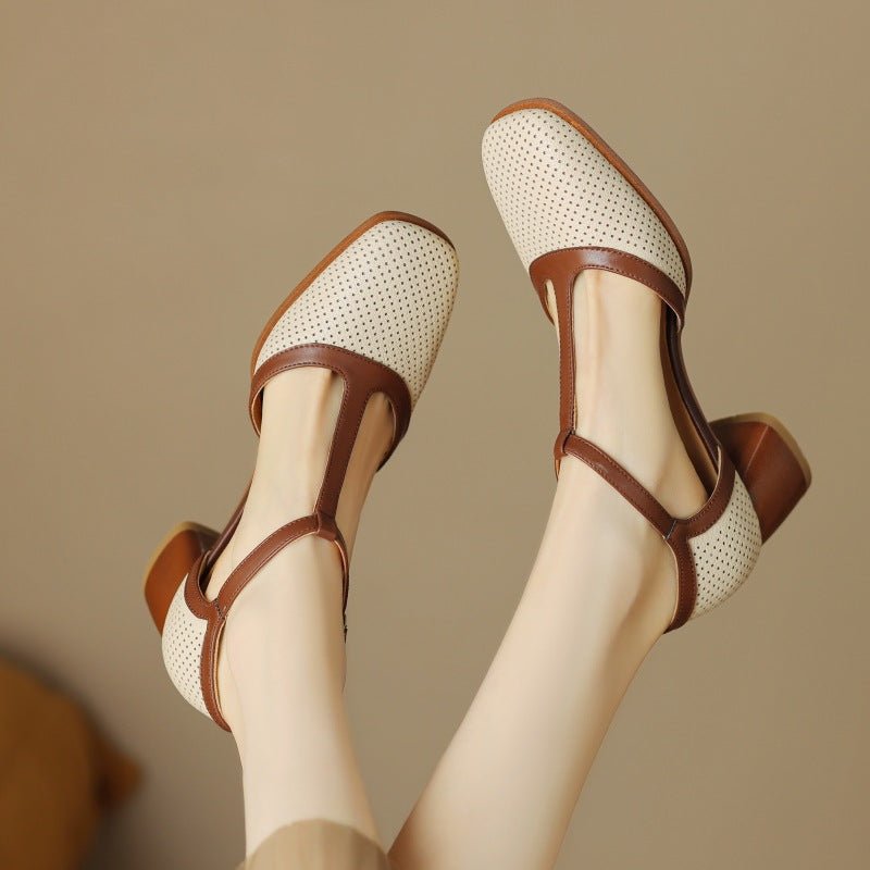 Sandales Mules en Cuir pour Femmes, Design Bicolore, Bride à Boucle et Perforations Respirantes - IVOIRART.COM