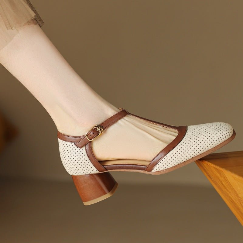 Sandales Mules en Cuir pour Femmes, Design Bicolore, Bride à Boucle et Perforations Respirantes - IVOIRART.COM
