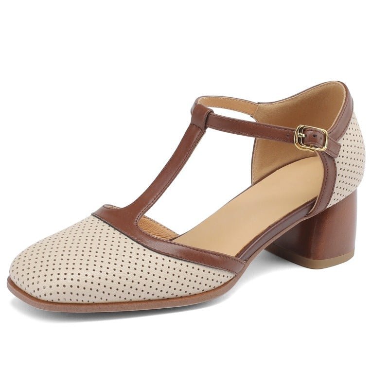 Sandales Mules en Cuir pour Femmes, Design Bicolore, Bride à Boucle et Perforations Respirantes - IVOIRART.COM