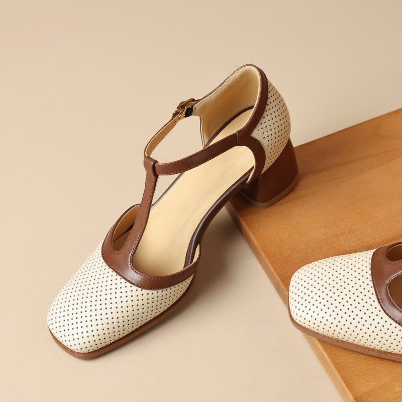 Sandales Mules en Cuir pour Femmes, Design Bicolore, Bride à Boucle et Perforations Respirantes - IVOIRART.COM