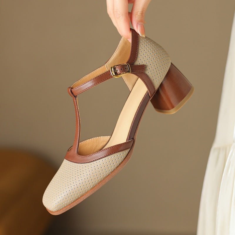 Sandales Mules en Cuir pour Femmes, Design Bicolore, Bride à Boucle et Perforations Respirantes - IVOIRART.COM