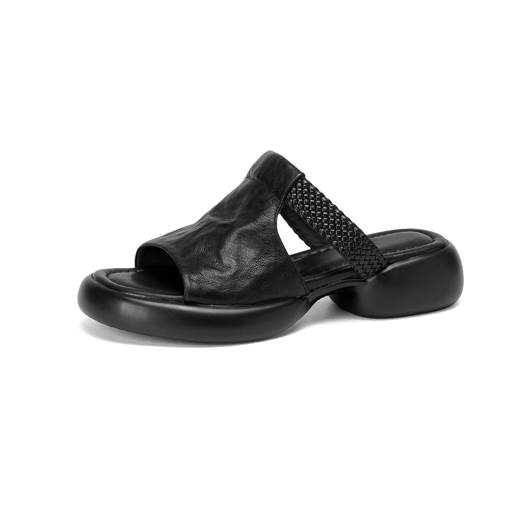 Sandales plates-formes tissées pour femmes, ouvertes, en cuir de mouton pleine fleur fait main - IVOIRART.COM