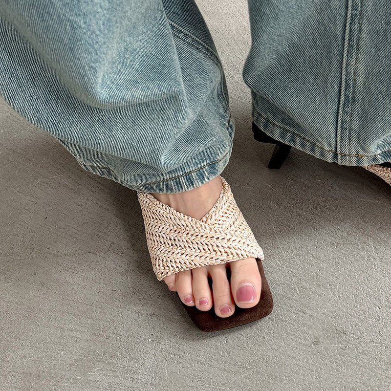 Sandales tissées en raphia faites main pour femmes, talon kitten convertible - IVOIRART.COM