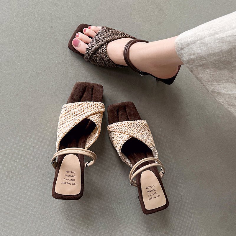 Sandales tissées en raphia faites main pour femmes, talon kitten convertible - IVOIRART.COM