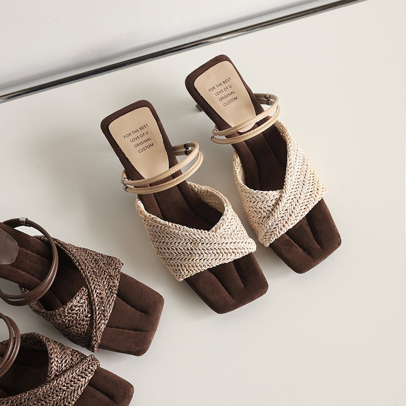 Sandales tissées en raphia faites main pour femmes, talon kitten convertible - IVOIRART.COM
