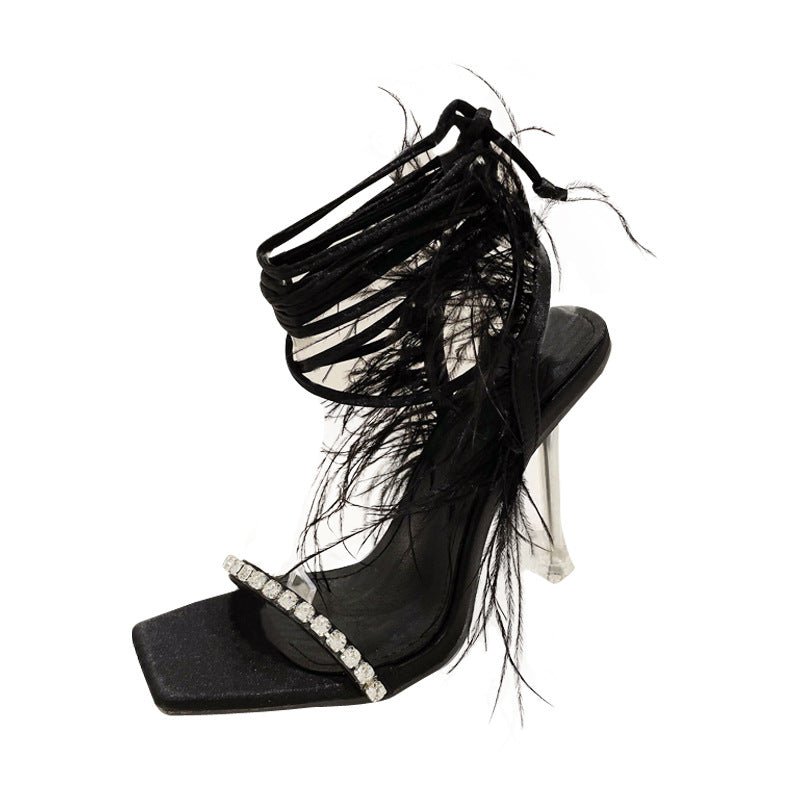Sandales Transparente à Talons Hauts, Brides en Croix et Tête Carrée Strassée - IVOIRART.COM