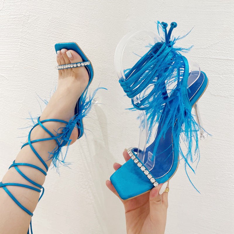 Sandales Transparente à Talons Hauts, Brides en Croix et Tête Carrée Strassée - IVOIRART.COM