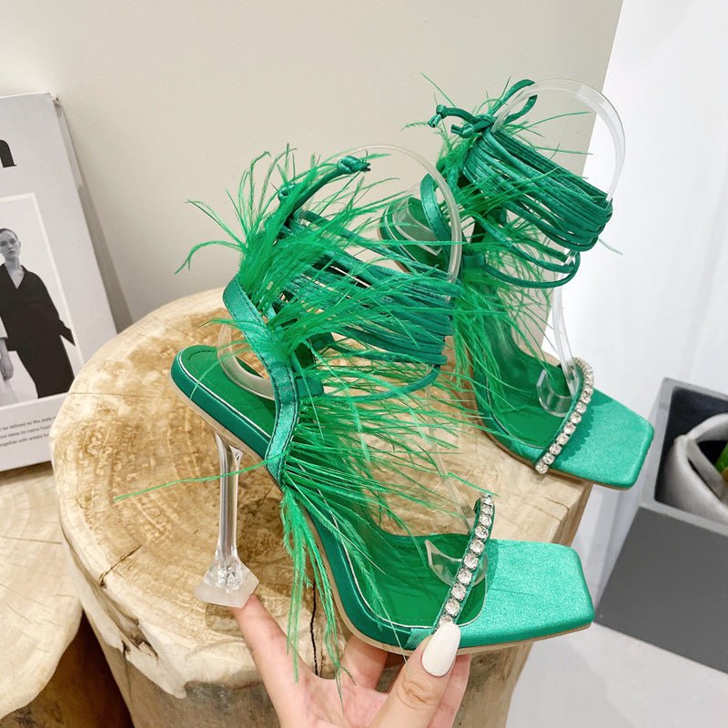 Sandales Transparente à Talons Hauts, Brides en Croix et Tête Carrée Strassée - IVOIRART.COM