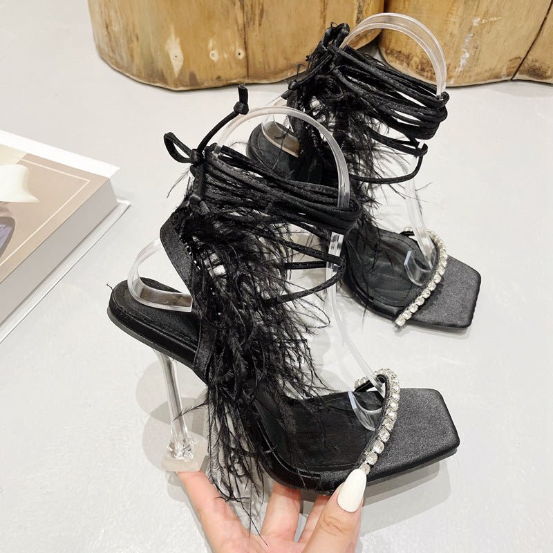 Sandales Transparente à Talons Hauts, Brides en Croix et Tête Carrée Strassée - IVOIRART.COM