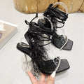Sandales Transparente à Talons Hauts, Brides en Croix et Tête Carrée Strassée - IVOIRART.COM