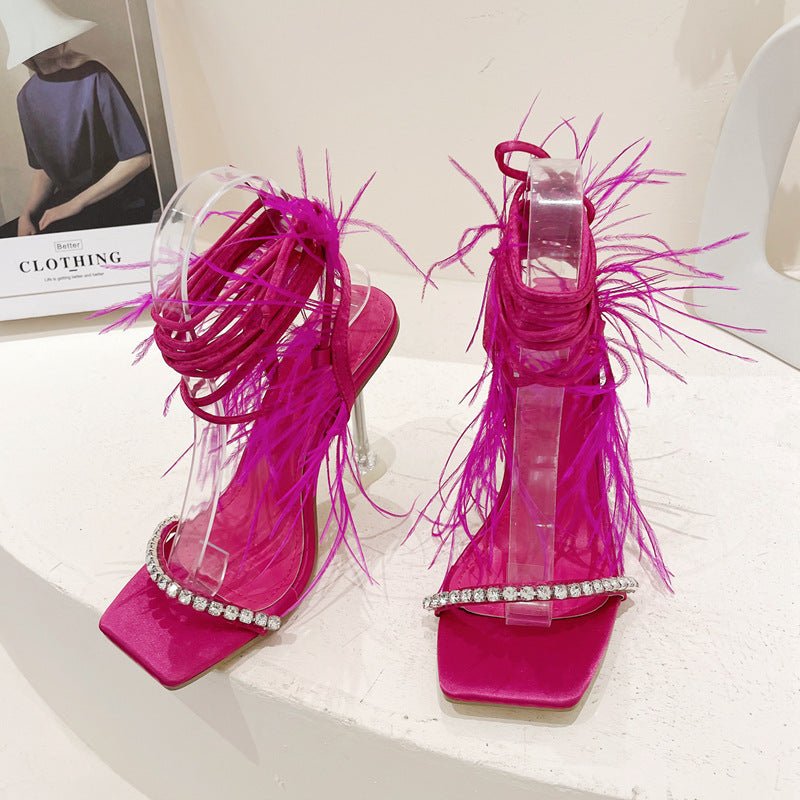 Sandales Transparente à Talons Hauts, Brides en Croix et Tête Carrée Strassée - IVOIRART.COM