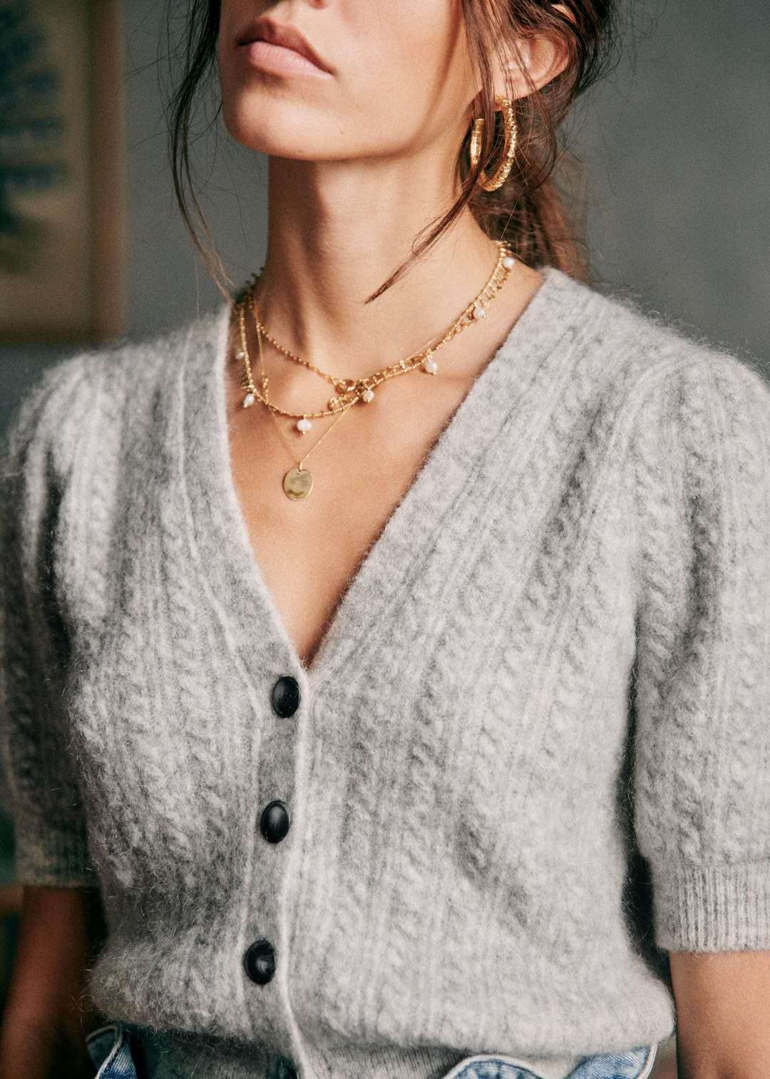 SE gilet alpaga gris tricoté cardigan col V décontracté tailles S M L urban 2529 - IVOIRART.COM
