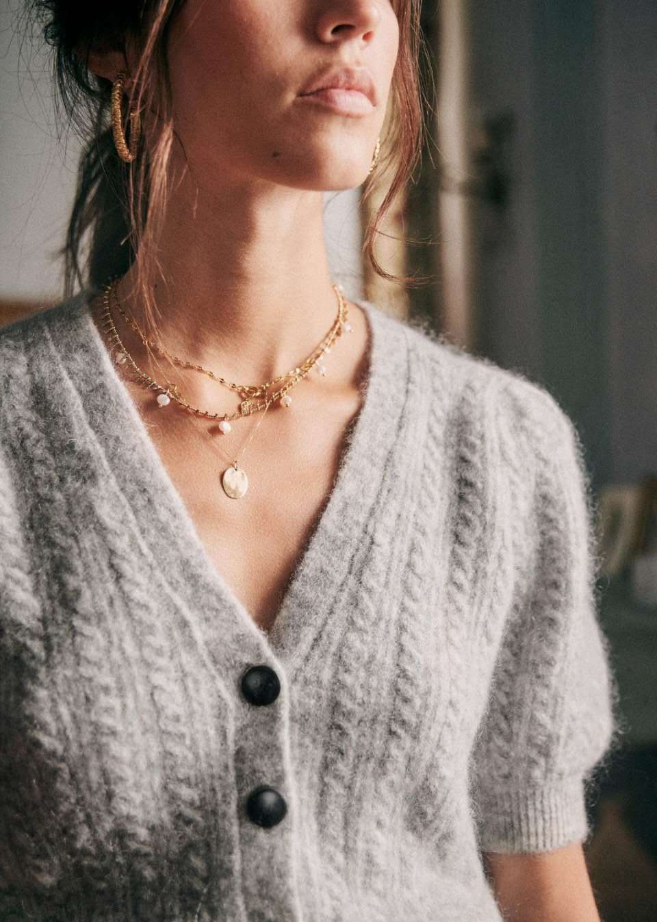 SE gilet alpaga gris tricoté cardigan col V décontracté tailles S M L urban 2529 - IVOIRART.COM