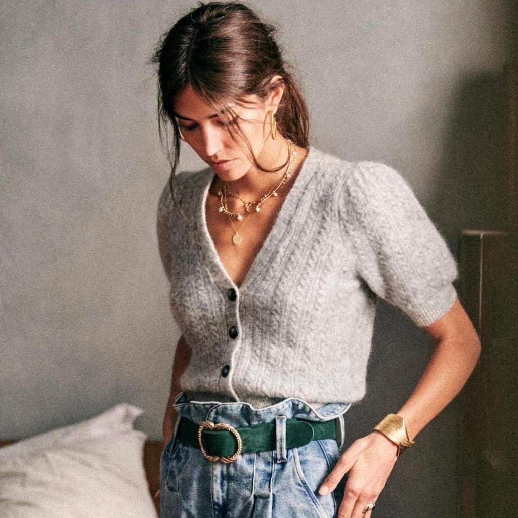 SE gilet alpaga gris tricoté cardigan col V décontracté tailles S M L urban 2529 - IVOIRART.COM