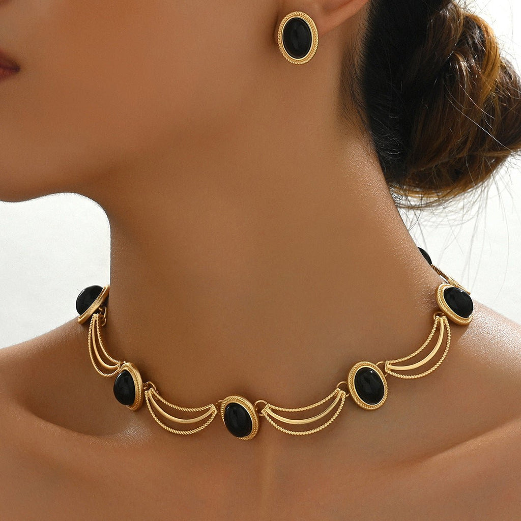 Set bijoux vintage européen-américain: collier clavicule long et boucles zircones - IVOIRART.COM