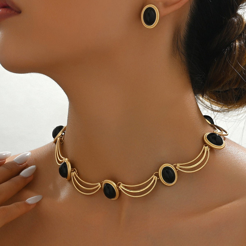 Set bijoux vintage européen-américain: collier clavicule long et boucles zircones - IVOIRART.COM