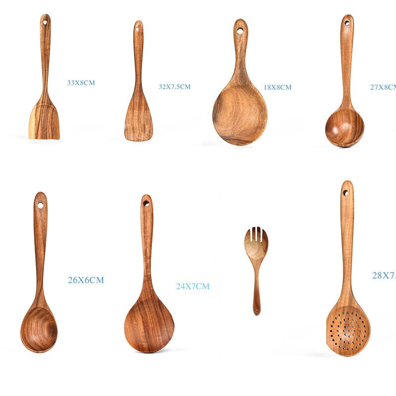 Set d'ustensiles de cuisine en teck naturel : cuillère, louche, spatule, écumoire, passoire à riz, outils pratiques - IVOIRART.COM