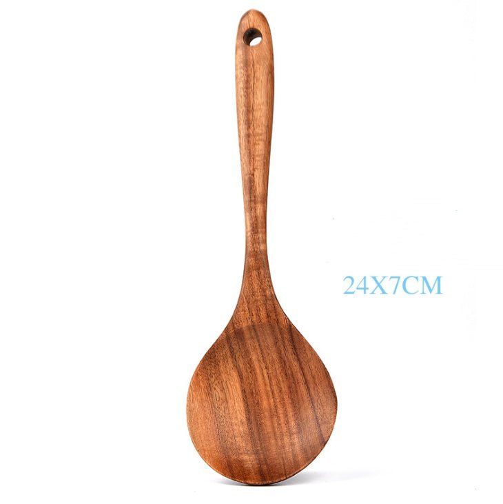 Set d'ustensiles de cuisine en teck naturel : cuillère, louche, spatule, écumoire, passoire à riz, outils pratiques - IVOIRART.COM