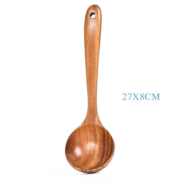 Set d'ustensiles de cuisine en teck naturel : cuillère, louche, spatule, écumoire, passoire à riz, outils pratiques - IVOIRART.COM