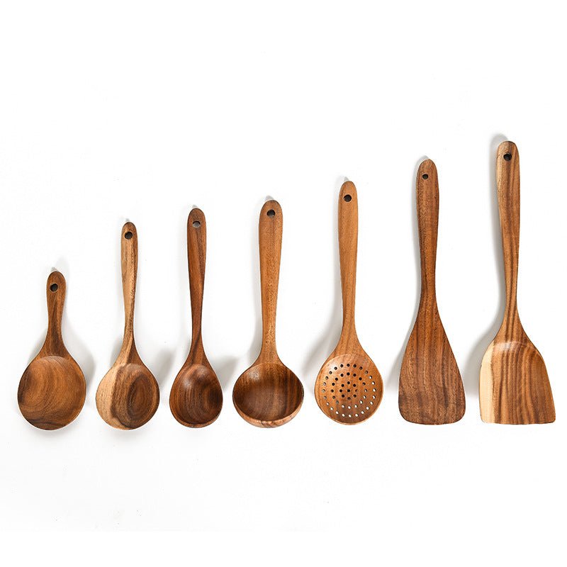 Set d'ustensiles de cuisine en teck naturel : cuillère, louche, spatule, écumoire, passoire à riz, outils pratiques - IVOIRART.COM
