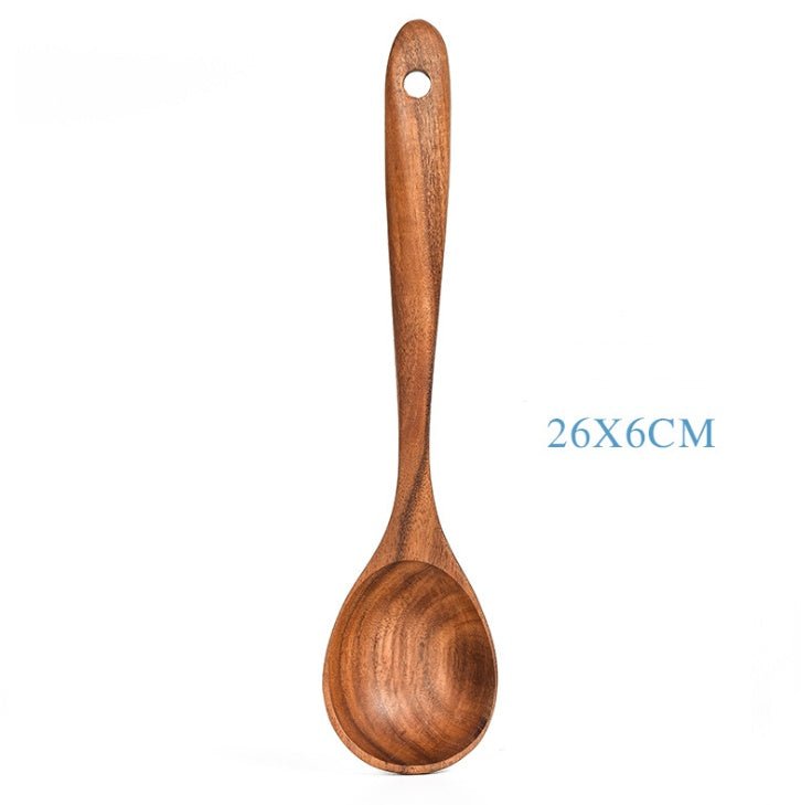 Set d'ustensiles de cuisine en teck naturel : cuillère, louche, spatule, écumoire, passoire à riz, outils pratiques - IVOIRART.COM