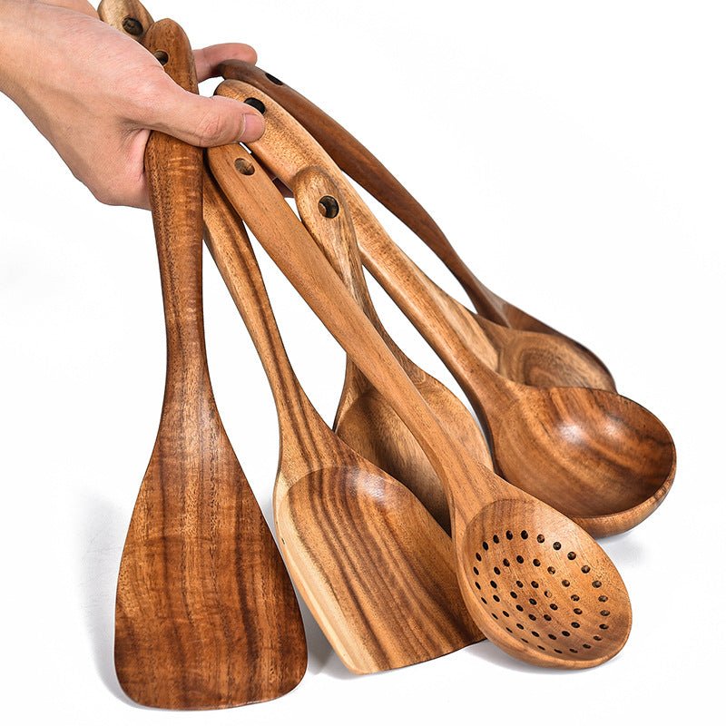 Set d'ustensiles de cuisine en teck naturel : cuillère, louche, spatule, écumoire, passoire à riz, outils pratiques - IVOIRART.COM