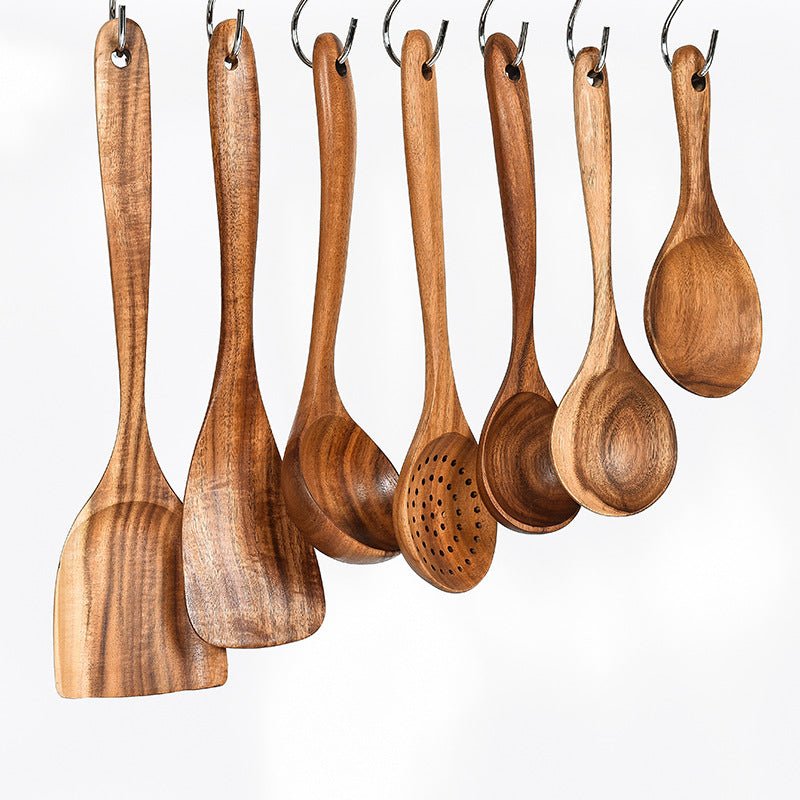 Set d'ustensiles de cuisine en teck naturel : cuillère, louche, spatule, écumoire, passoire à riz, outils pratiques - IVOIRART.COM