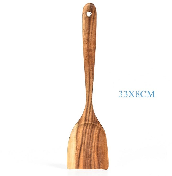 Set d'ustensiles de cuisine en teck naturel : cuillère, louche, spatule, écumoire, passoire à riz, outils pratiques - IVOIRART.COM