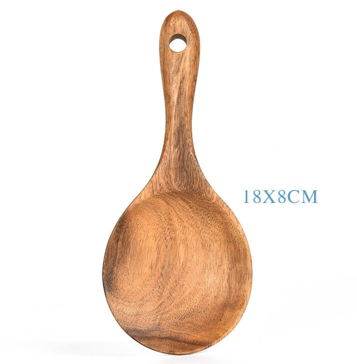 Set d'ustensiles de cuisine en teck naturel : cuillère, louche, spatule, écumoire, passoire à riz, outils pratiques - IVOIRART.COM