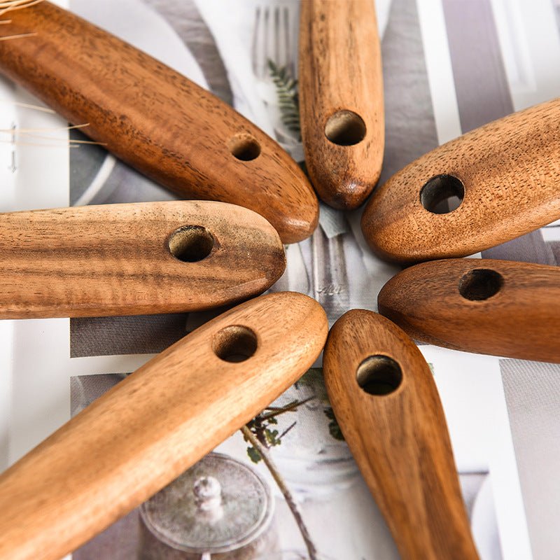 Set d'ustensiles de cuisine en teck naturel : cuillère, louche, spatule, écumoire, passoire à riz, outils pratiques - IVOIRART.COM