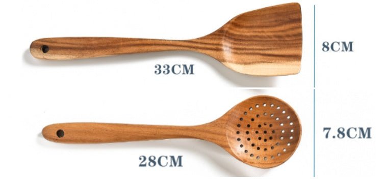 Set d'ustensiles de cuisine en teck naturel : cuillère, louche, spatule, écumoire, passoire à riz, outils pratiques - IVOIRART.COM